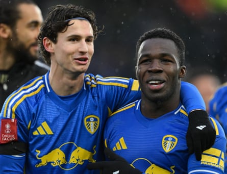 Wilfried Gnonto (right) and Brenden Aaronson savour Leeds’s victory