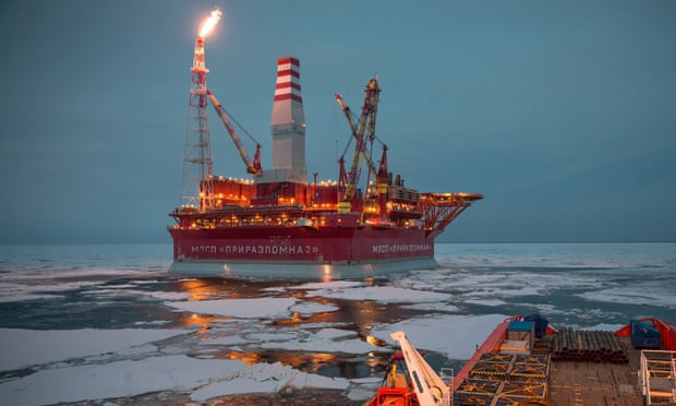 An offshore oil rig in the Pechora Sea, Russia