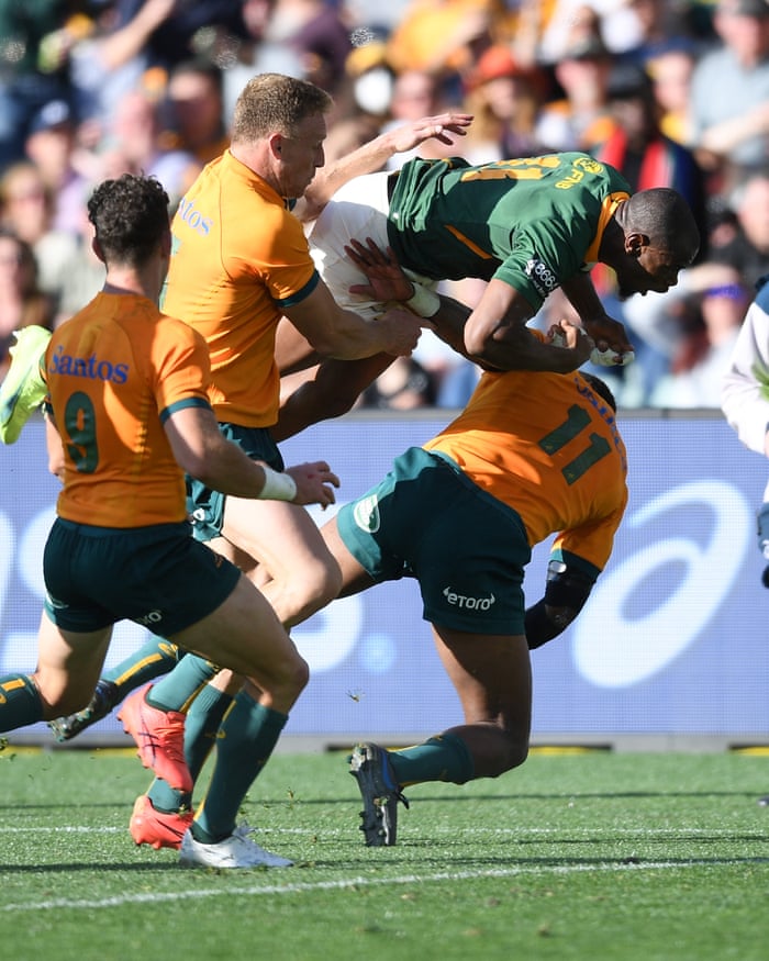 Makazole Mapimpi of the Springboks is stopped by Marika Koroibete of the Wallabies as he dives for the try line during The Rugby Championship match between the Australian Wallabies and the South African Springboks at Adelaide Oval.