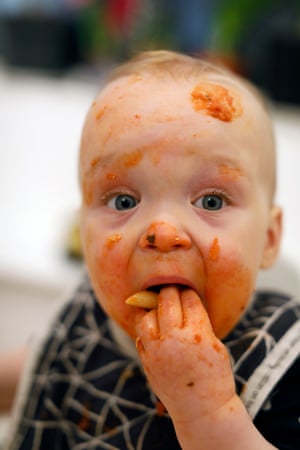 Reed eats his dinner.