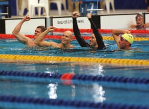 Todd Pearson, Michael Klim, Ian Thorpe and William Kirby take a victory lap