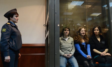 From left: Yekaterina Samutsevich, Alyokhina and Nadezhda Tolokonnikova in court in Moscow, in October 2012.