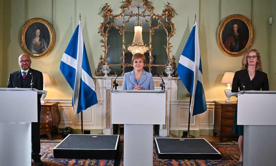 First minister Nicola Sturgeon flanked by Patrick Harvie and Lorna Slater of the Greens at Bute House last week.