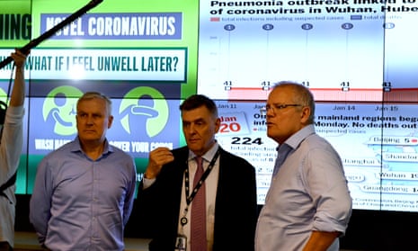 Australia’s chief medical officer Brendan Murphy, centre, updates Michael McCormack and Scott Morrison on the coronavirus