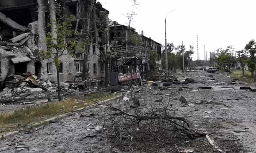 Damaged residential buildings are seen in Lysychansk, Ukraine, on Sunday, after Russian forces reportedly pounded the city in an all-out attempt to seize the last stronghold of resistance in eastern Ukraine’s Luhansk province