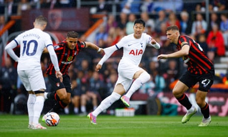 Bournemouth's Illya Zabarnyi (right) and Max Aarons (second left) attempt to deal with a one-two between Spurs’ James Maddison and Son Heung-min.