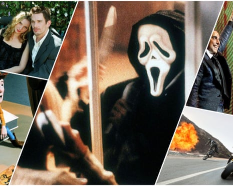 A composite of five images: a young white couple canoodling on a park bench, a scary white mask in a black hood, a white man holding up a young white woman's arm on a stage as if she's just won something, a white man on a motorcycle speeding on a road, and a cartoon cowboy.
