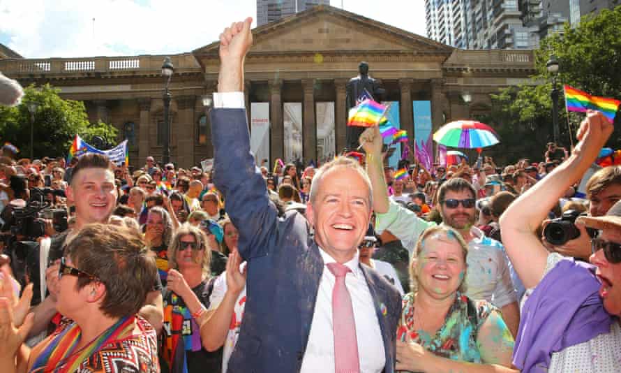 Bill Shorten celebrates the results of the same-sex marriage postal survey in Melbourne.