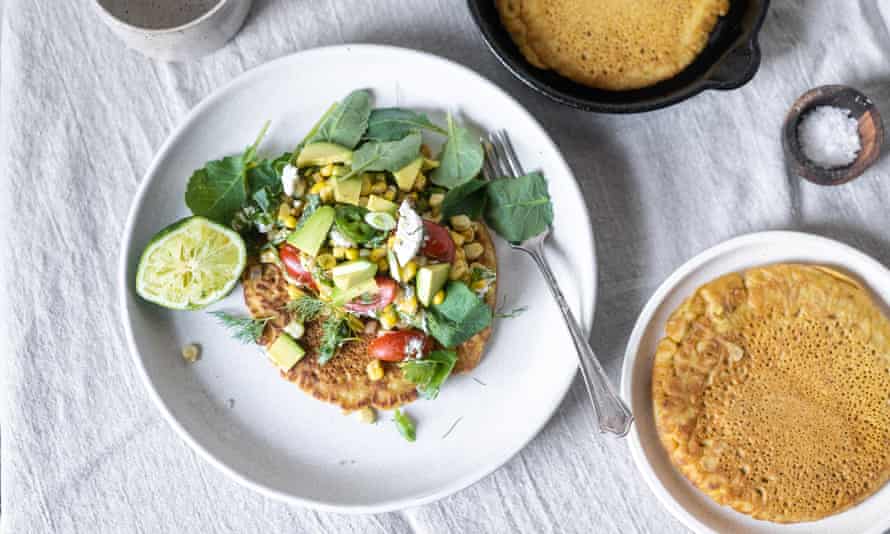Socca pancakes with herb corn salad