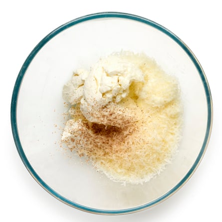 Combine the drained ricotta with parmesan, nutmeg and salt. Food styling: Iona Blackshaw