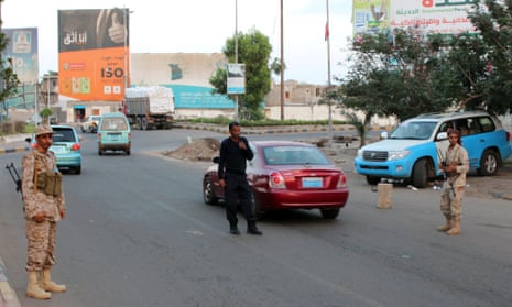 Members of Aden’s police force at a checkpoint in the Yemeni city.
