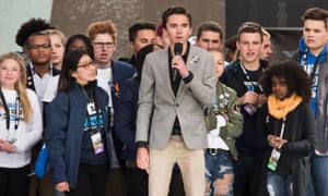 David Hogg speaking at March for Our Lives in Washington DC with Jaclyn Corin, Cameron Kasky and Naomi Wadler on 24 March.