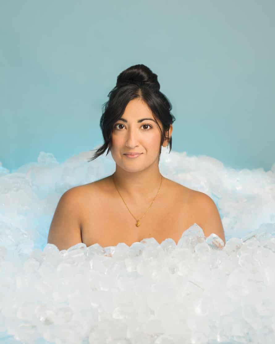 Guardian writer Coco Khan montaged into an ice bath