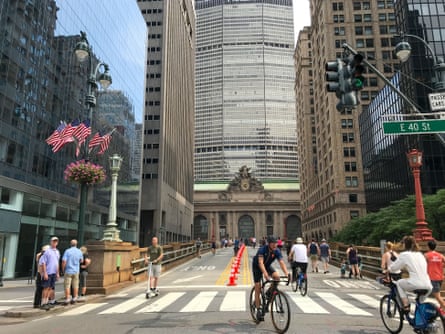 New Yorkers biking around during car free ‘summer streets’ along Park Avenue in New York City, on 7 August 2021.