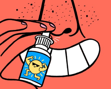 An illustration of someone spraying something up their nose.
