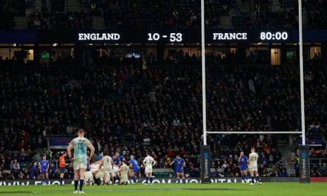The final phase of play during the Guinness Six Nations Rugby match between England and France.
