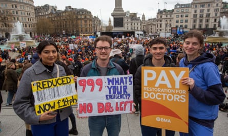 Thousands of striking junior doctors protest in Trafalgar Square, London.