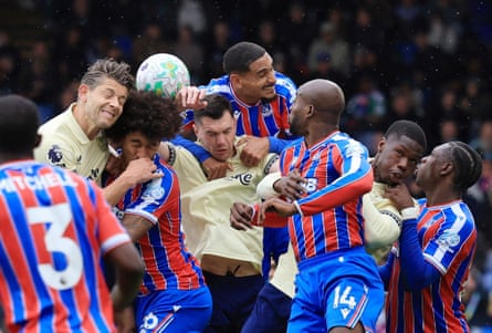 Maxence Lacroix and Chris Richards challenge in the air with James Tarkowski and Michael Keane.