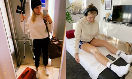 Ada Hegerberg on her the way to hospital for surgery after rupturing her anterior cruciate ligament during training in January 2020, and on the road to recovery 10 days after the operation