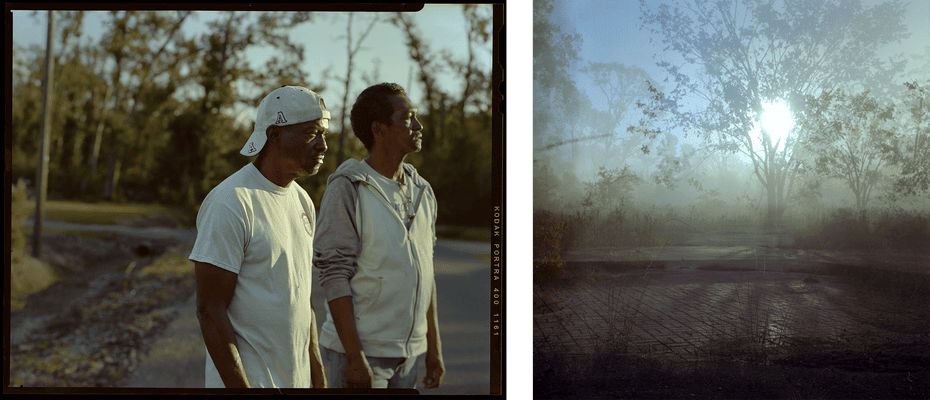 Eyphit Hadnot, 58, and his older brother Dellar Hadnot, 61. The Hadnot family lived in Mossville for 80 years when Sasol offered them the buyout, which they rejected. On the left is a plot of land where a home used to stand before Sasol leveled the building.