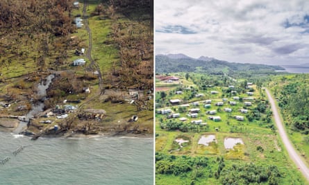 Left: destruction caused by Cyclone Winston in Fiji in 2016; right: the village of Vunidogoloa rebuilt in a new location