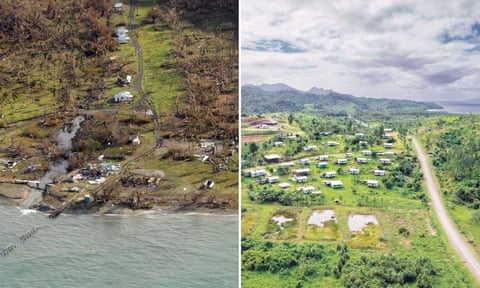 Left: destruction caused by Cyclone Winston in Fiji in 2016; right: the village of Vunidogoloa, which in 2014 became the first village in Fiji to be relocated.