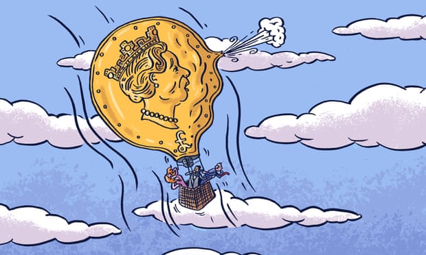 Illustration of a sinking hot-air balloon, with the face of a pound coin