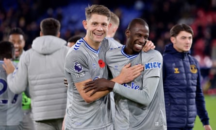 Everton’s James Tarkowski and Abdoulaye Doucouré celebrate victory at Crystal Palace