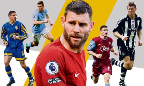 The five ages in the career of James Milner, in action at Leeds, Manchester City, Liverpool, Aston Villa and Newcastle
