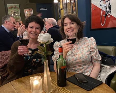 Rachel Dixon and her friend Maddy drinking red wine in Auberge in 2023