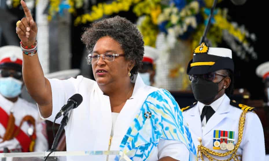 The prime minister of Barbados, Mia  Mottley, speaks during the national honors ceremony and Independence Day parade at Heroes Square in Bridgetown, Barbados, in November 2021