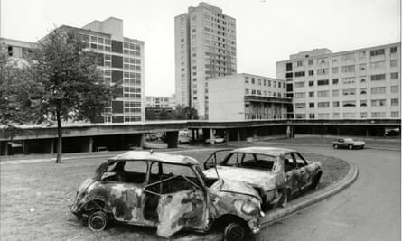 Burnt out cars on the Broadwater Farm estate after the riots in 1985.