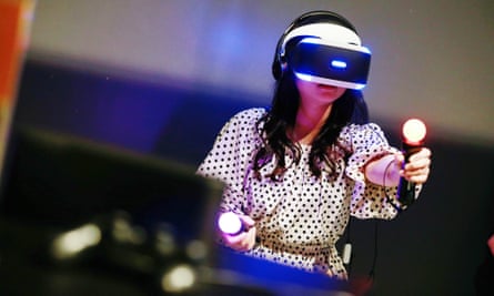 Woman Spy in 360 Virtual Reality Headset Playing Game with Drone