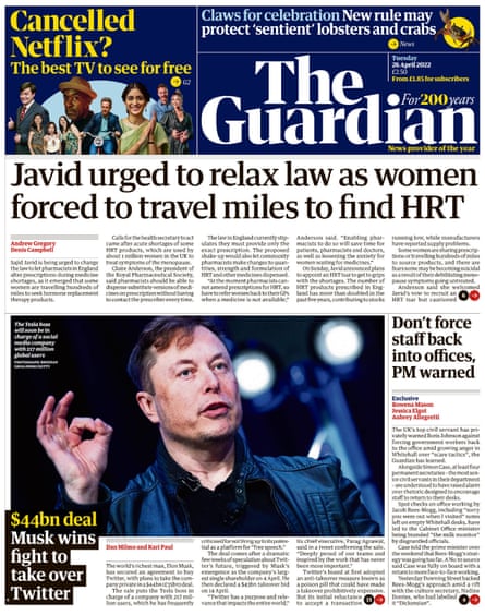 The Guardian front page, 26 April 2022