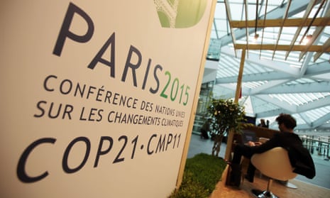 A stall advertising the upcoming climate talks in Paris