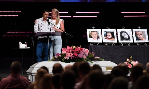 Hannah Clarke’s brother Nat speaks during the funeral for Hannah and her three children Aaliyah, Laianah and Trey in Brisbane.