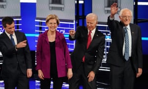 Pete Buttigieg, Elizabeth Warren, Joe Biden and Bernie Sanders at a Democratic debate in Atlanta, Georgia, on 20 November.