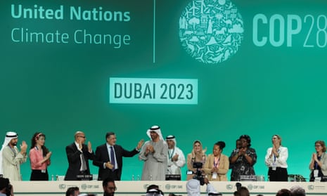 Cop28 president Sultan Ahmed Al Jaber on stage with delgates