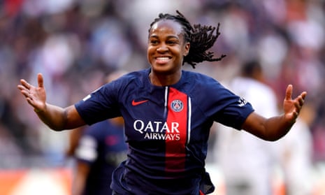 Marie-Antoinette Katoto of Paris Saint-Germain celebrates scoring her team's first goal.