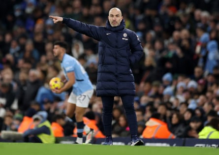 Enzo Maresca gives Chelsea instructions during the Premier League match against Manchester City.