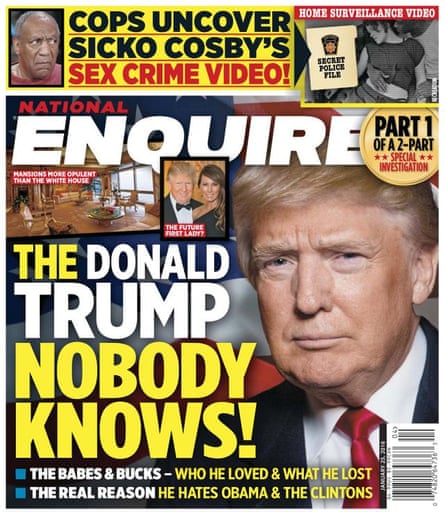  a cover of a tabloid newspaper with an image of a man in a suit and red tie and the text the donald trump nobody knows