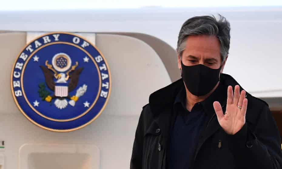 The US secretary of state, Antony Blinken, gestures after landing at Stansted airport, before the G7 meeting in London.