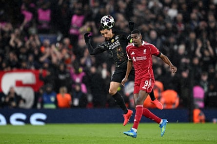Alexander Isak (right) battles for the ball with the PSG defender Marquinhos