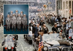 A staged recreation of the original Mercury Seven astronaut group photo from 1960. In this version, the astronauts are portrayed by seven queer people. The image is overlaid on a NASA photo from the Apollo 11 ticker tape parade in New York City on 13 August, 1969