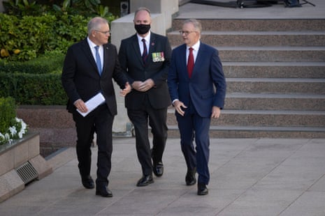 Prime minister Scott Morrison and opposition leader Anthony Albanese at the last post ceremony at the Australian War Memorial in Canberra on Monday night.