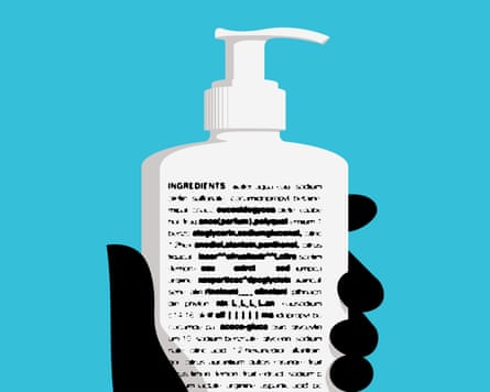 An illustration on a blue background of a hand holding a bottle of lotion