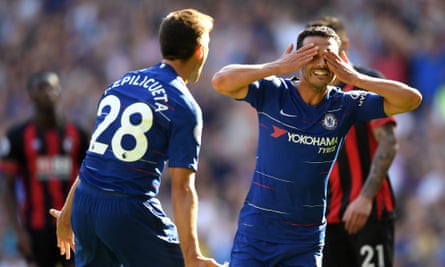 Pedro celebrates with César Azpilicueta after his opening goal against Bournemouth.
