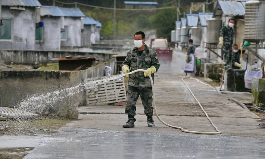 A worker disinfects a hog pen in Suining, Sichuan province as a precaution against swine flu.