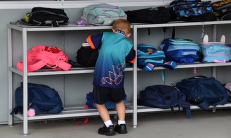 A prep student is seen at his school bag at a primary school in Logan City, Brisbane, Monday, January 22, 2018. (AAP Image/Darren England) NO ARCHIVING