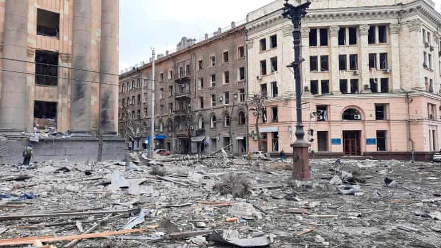 The area near the regional administration building, which was hit by a missile according to city officials, in Kharkiv